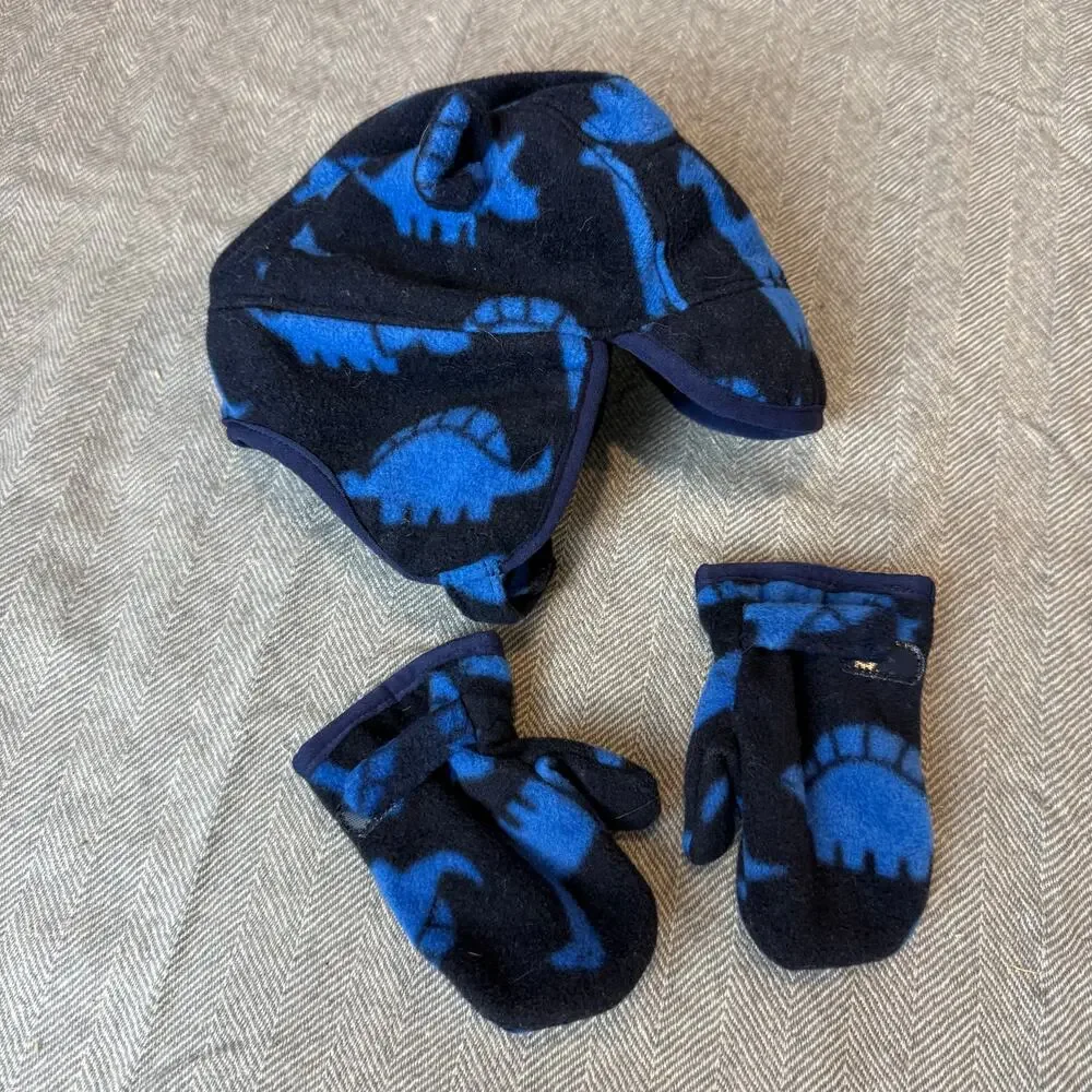 Baby Gap Blue Dinosaur Fleece Trapper Hat Mittens Set Ears Winter 6-12 Months